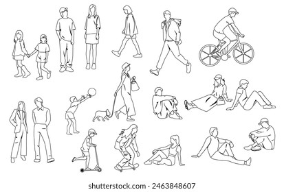 Silhouettes of men, women, teenagers and children standing, walking, sitting, skateboarding, linear sketch,  black, vector, group recreation people,  flat icon design concept isolated on white 