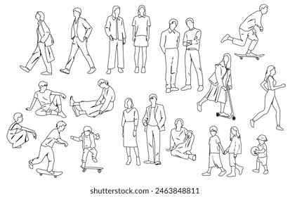 Siluetas hombres, mujeres, adolescentes y niños de pie, caminando, sentado, monopatín, boceto lineal, color negro, Vector, personas de Ocio en grupo, estudiantes, concepto de diseño plano aislado en blanco