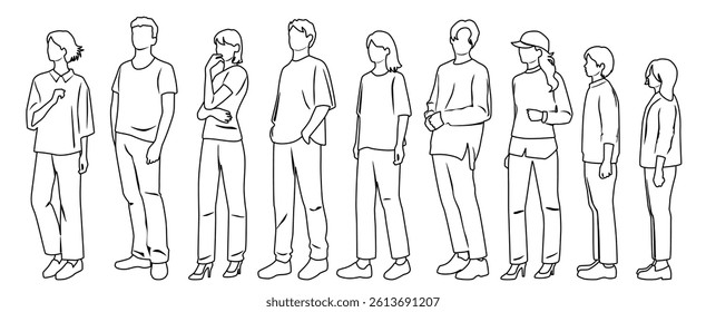 Silhouettes of men, women and teenagers, group standing business people, vector, profile, linear sketch, hand draw, black and white color isolated on white background