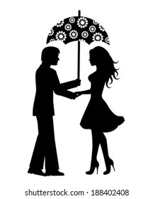 Silhouettes of men and women under an umbrella on a white background