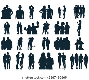silhouettes of men and a women Vector, black color isolated on white background, Man and woman silhouette face to face, a group of standing and walking business people