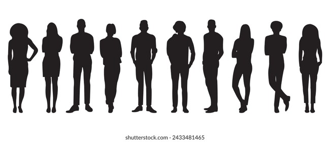 silhouettes of men and  women  vector, a group of standing business people, black color isolated on white background