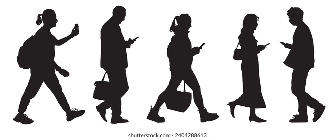 Silhouettes of men and women walking with mobile phones. Side view. Isolated on white background. Vector illustration.