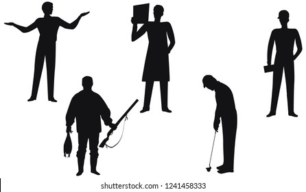 Silhouettes of men for work and leisure - businessman, doctor, builder, golfer, hunter - isolated on white background - vector