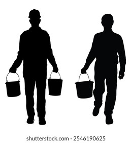 Silhouettes of men working in garden with bucket. Icon of worker isolated on white background. 
