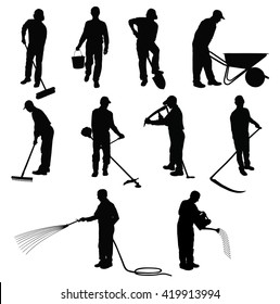 Silhouettes of men working in garden with different instruments. Garden worker silhouettes. Icon of working men isolated on white background. Gardening men.