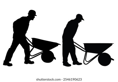 Silhouettes of men working with wheelbarrow. Illustration of worker isolated on white background. 