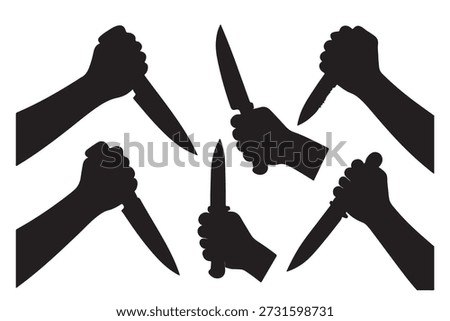 Silhouettes of menacing hands grasping sharp knives against a stark white background