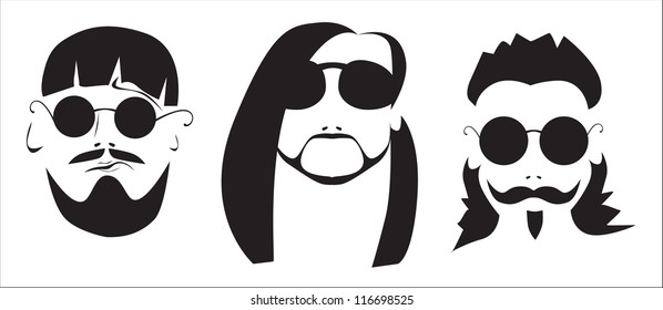 silhouettes of men's mustache and beard, men's faces (vector drawing caricature)