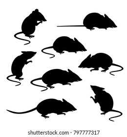 Silhouettes of mice in different poses. Vector illustration isolated on white background