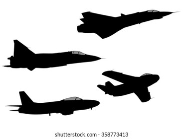 Silhouettes of military aircraft on a white background