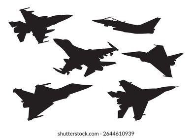 Silhouettes of Military Fighter Jets in Varied Poses on White Background. vector illustration