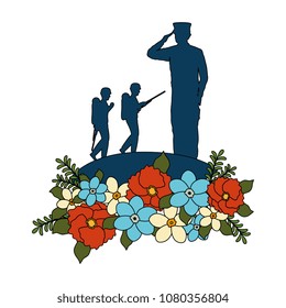 silhouettes of military with floral decoration