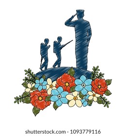 silhouettes of military with floral decoration