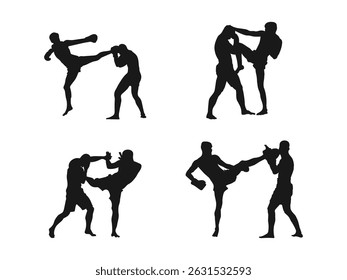 silhouettes of MMA fighters vector illustration. Two MMA fighters vector silhouette. Illustration kick boxer fighter vector silhouette. vector silhouette illustration isolated on white background.	