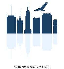 Silhouettes of modern buildings in the USA and soaring eagle. Tall buildings and  skyscrapers.