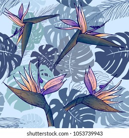 Silhouettes of monstera leaves and strelitzia on gray background. Seamless pattern. Vector illustation. Perfect for printing on fabric, paper for scrapbooking, gift wrap and wallpaper.
