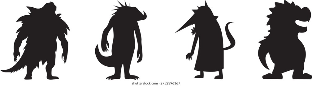 Silhouettes of monsters isolated on white transparent background.