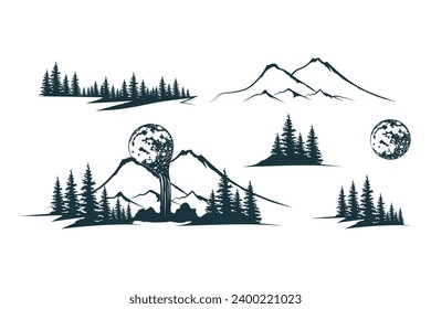 Мystical silhouettes of moon lying on the tops of mountains and a spruce forest. Vector illustration for print, poster, greeting card. Design elements collection. Vector landscape for print, tattoo