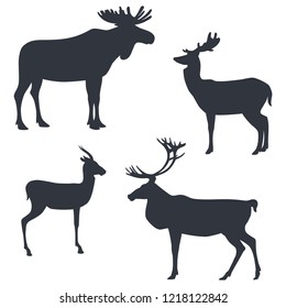 Silhouettes of a moose, a deer, a gazelle and a caribou isolated on white background. Vector illustration EPS 8