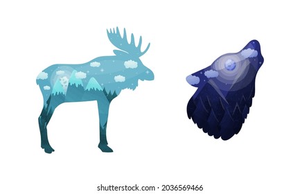 Silhouettes of moose and wolf wild animals with natural landscape inside vector illustration