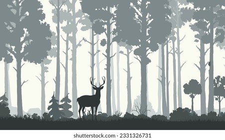 Silhouettes of morning forest with deer. Nature landscape vector background with forest wildlife scene. Pine trees in fog, deer, elk or reindeer stag with antlers, woodland plants and grass meadow