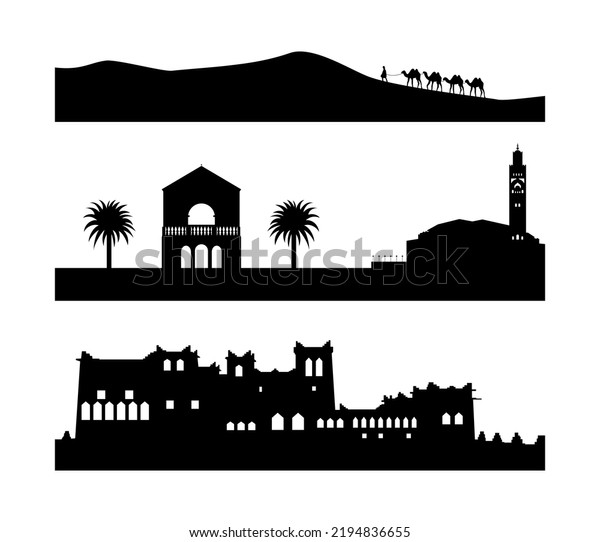 Silhouettes of Moroccan sightes. The Hassan\
II Mosque in Casablanca, The Menara Gardens in Marrakech, Kasbah\
Amahidil in Skoura, a man with camels in Erg Chebbi desert,\
Morocco. Vector\
illustration.