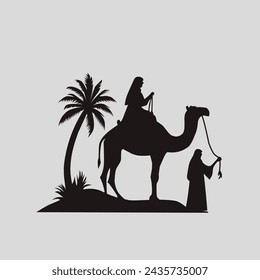 Silhouetten von Moscheen, Kamelen und Dattelpalmen zur Begrüßung des Monats Ramadan, Silhouetten vor dem Hintergrund des Monats Ramadan 