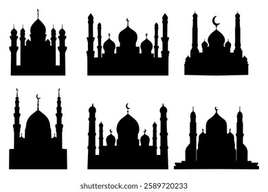 silhouettes of mosques and minarets in different shapes