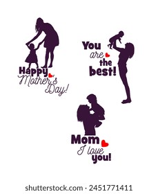 Silhouettes of mother and child. Happy Mother's Day. hand drawing. Not AI, Vector illustration.