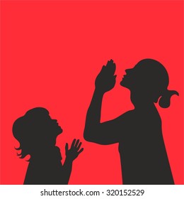 Silhouettes Of Mother And Child With Praying Hands