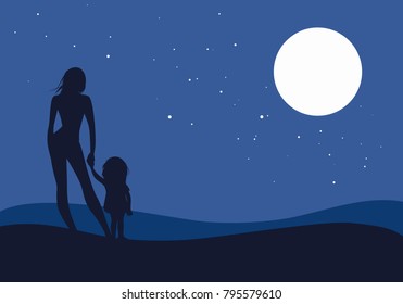 Silhouettes of mother and daughter looking at the horizon under the full moon and the stars