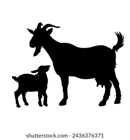 Silhouettes of a mother goat and her baby. Side view. Farm animals. Nanny and kid icon. Vector illustration isolated on a white background