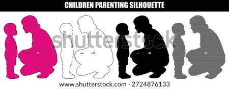 Silhouettes of a mother kneeling to talk to her child at eye level, communication and parenting concept in four distinct vector styles.