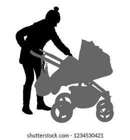 Silhouettes mothers standing near the baby strollers on white background