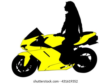 Silhouettes of motorcycl and baeuty women on white background