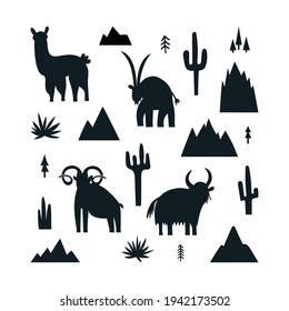 Silhouettes of mountain animals and plants. Black and white vector illustration