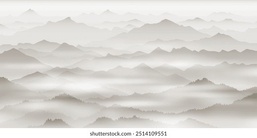 Silhouetten von Bergketten im Nebel, minimalistische Landschaft in Sepia-Tönen, monochrom