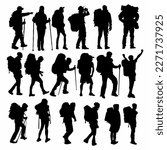 silhouettes of mountaineering people icon illustration set. Bundle	