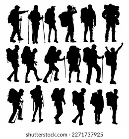 silhouettes of mountaineering people icon illustration set. Bundle	