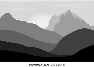Silhouettes of mountains in black and white design against the background of the rising sun and morning clouds. Vector set of design elements for flyer banner website poster