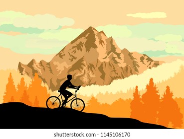 Silhouettes of mountains and forest hills, bycyclist riding silhouette