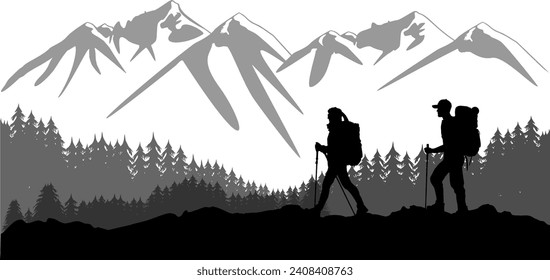 Silhouettes mountains - forests - mountains - two hikers