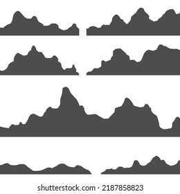 Silhouettes of the mountains, highlands, rocky landscapes, hills on white background. Vector set of outdoor design elements. Set of black and white mountain silhouettes. Vector illustration, eps 10.