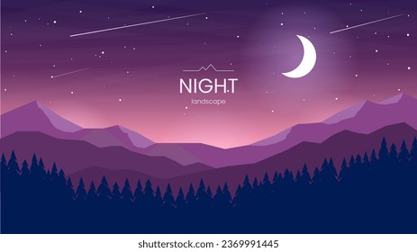 Silhouettes of mountains, hills and forests against a colorful sky. Night sky with brightly shining moon. Design for postcard, invitation, background, banner. Flat style. Vector image.