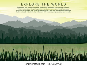 Silhouettes of mountains, hills and trees and lake. Sunset in huge mountains near lake with grass. Vector panorama.