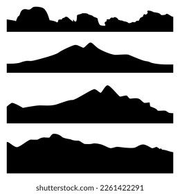 Silhouettes of mountains on a white background. Vector set of mountain landscape silhouettes.For outdoor design,social media,print. Collection of abstract high mountain borders .EPS10.