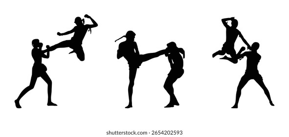 Silhouettes of Muay Thai fighters in dynamic action poses including flying knee, high kick, and elbow strike. Isolated on white.