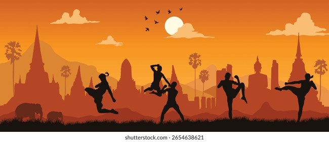 Silhouettes of Muay Thai fighters training at sunset with iconic Thai temples, mountains, and elephants in the background.