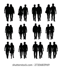 Silhouettes of multiple couples walking together, holding hands, and carrying bags